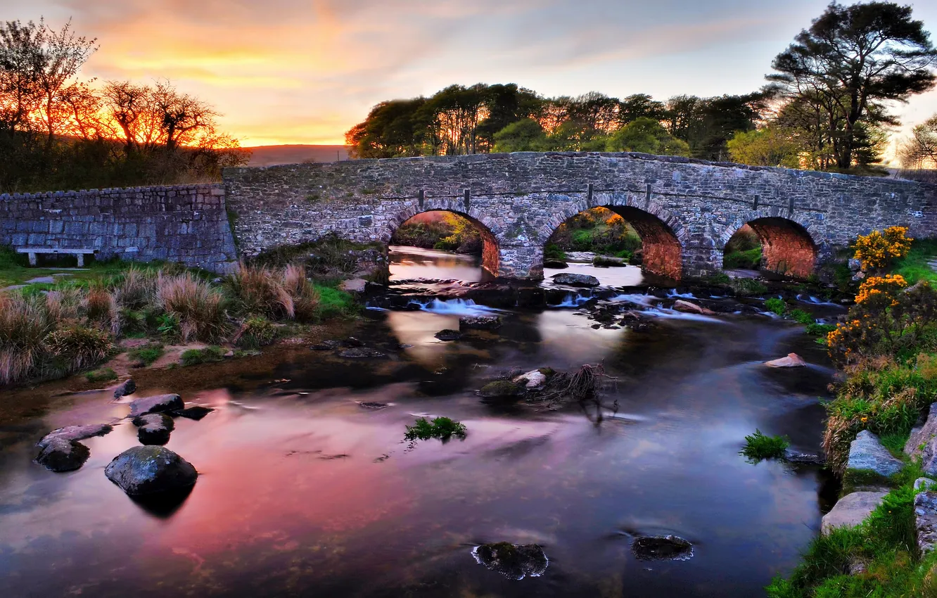 Photo wallpaper sunset, river, stones, viaduct