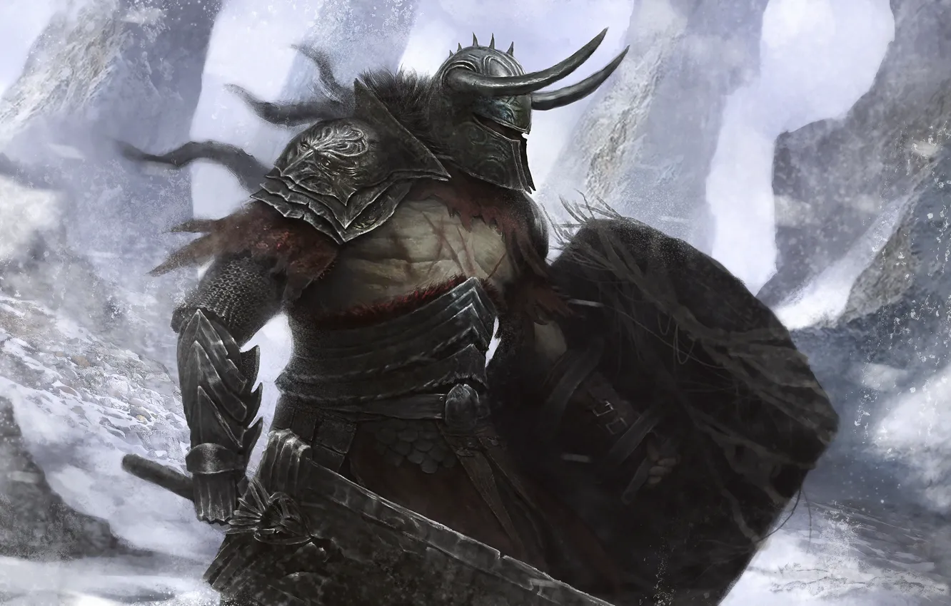 Photo wallpaper winter, sword, warrior, art, helmet, shield, Berserk