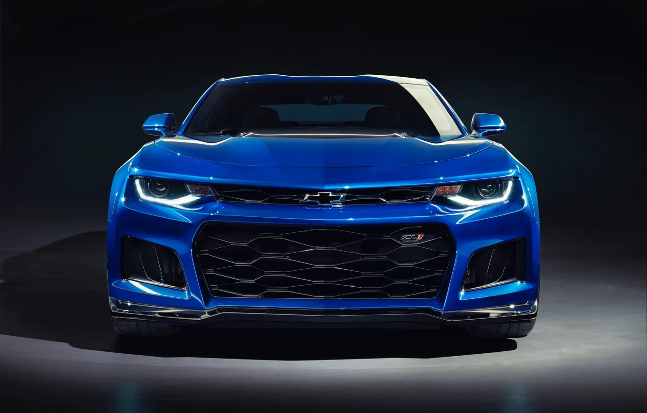 Photo wallpaper Chevrolet, Blue, Camaro, Black background, ZL1, Front, Front view, 2019