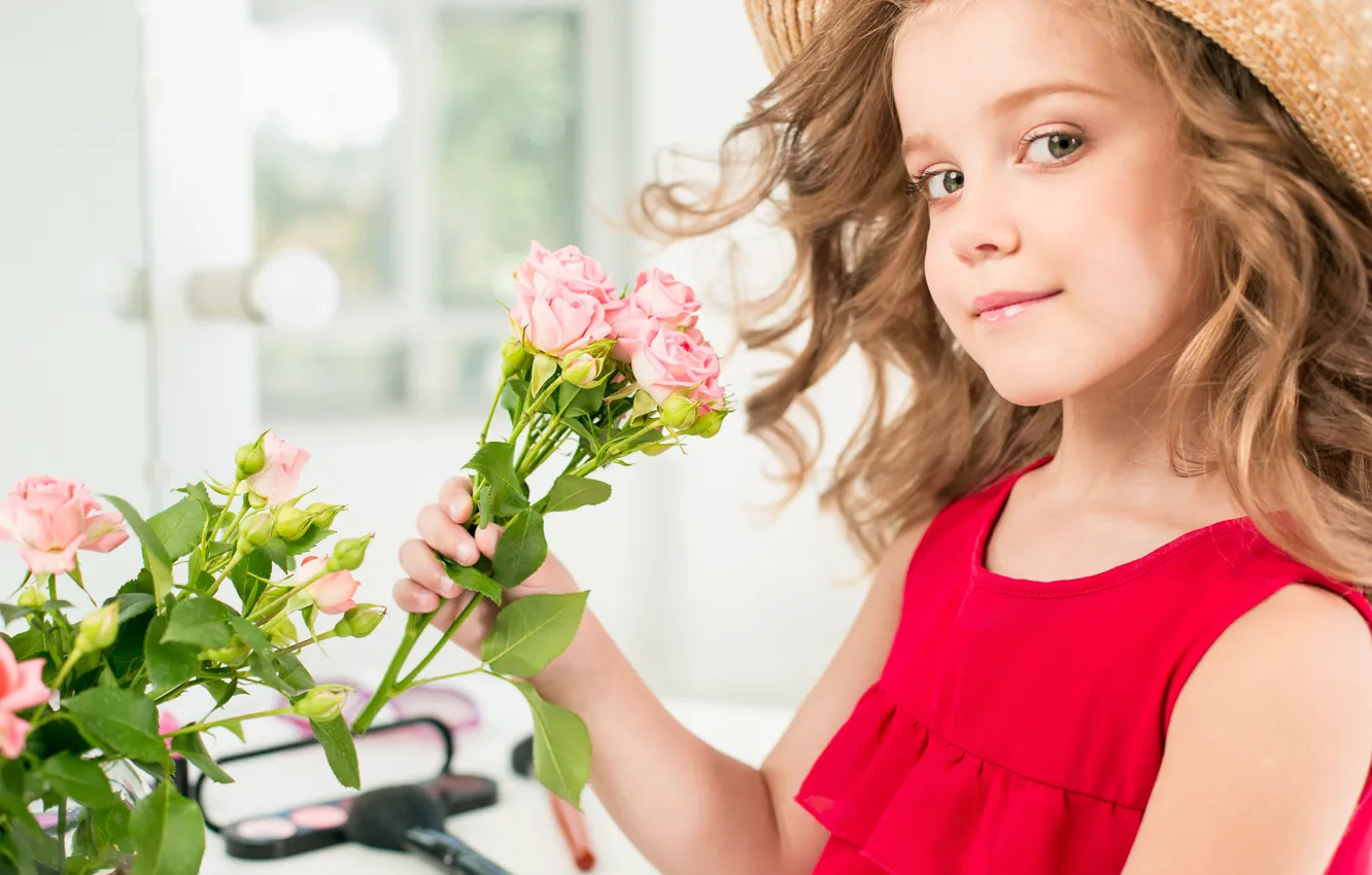Photo wallpaper flowers, eyelashes, portrait, roses, shadow, bouquet, dress, window