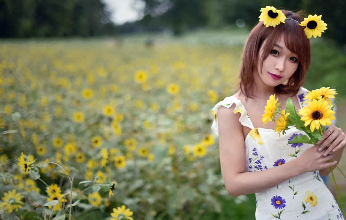 Photo wallpaper girl, sunflowers, Asian