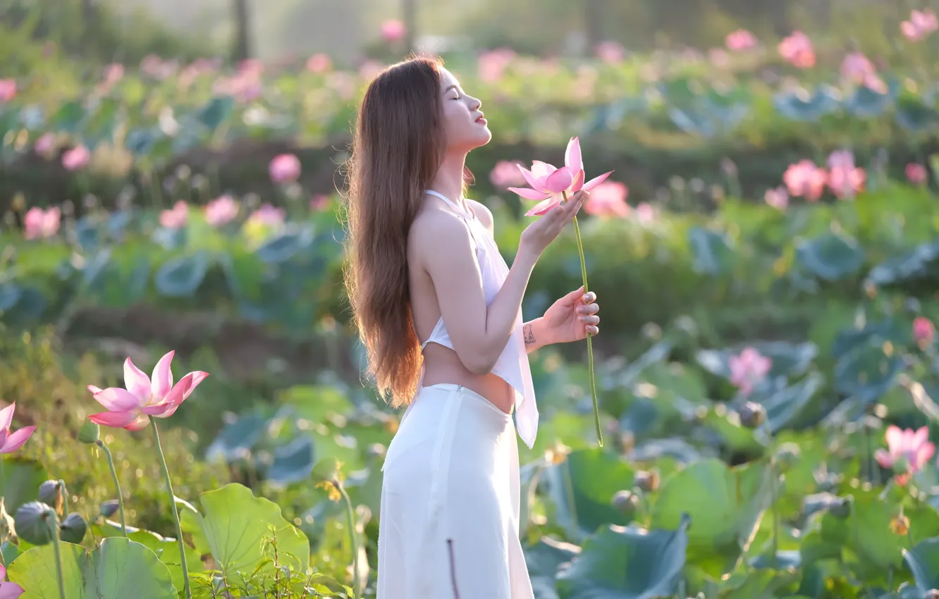 Photo wallpaper girl, flowers, nature, pond, Lotus, profile, pink, walk