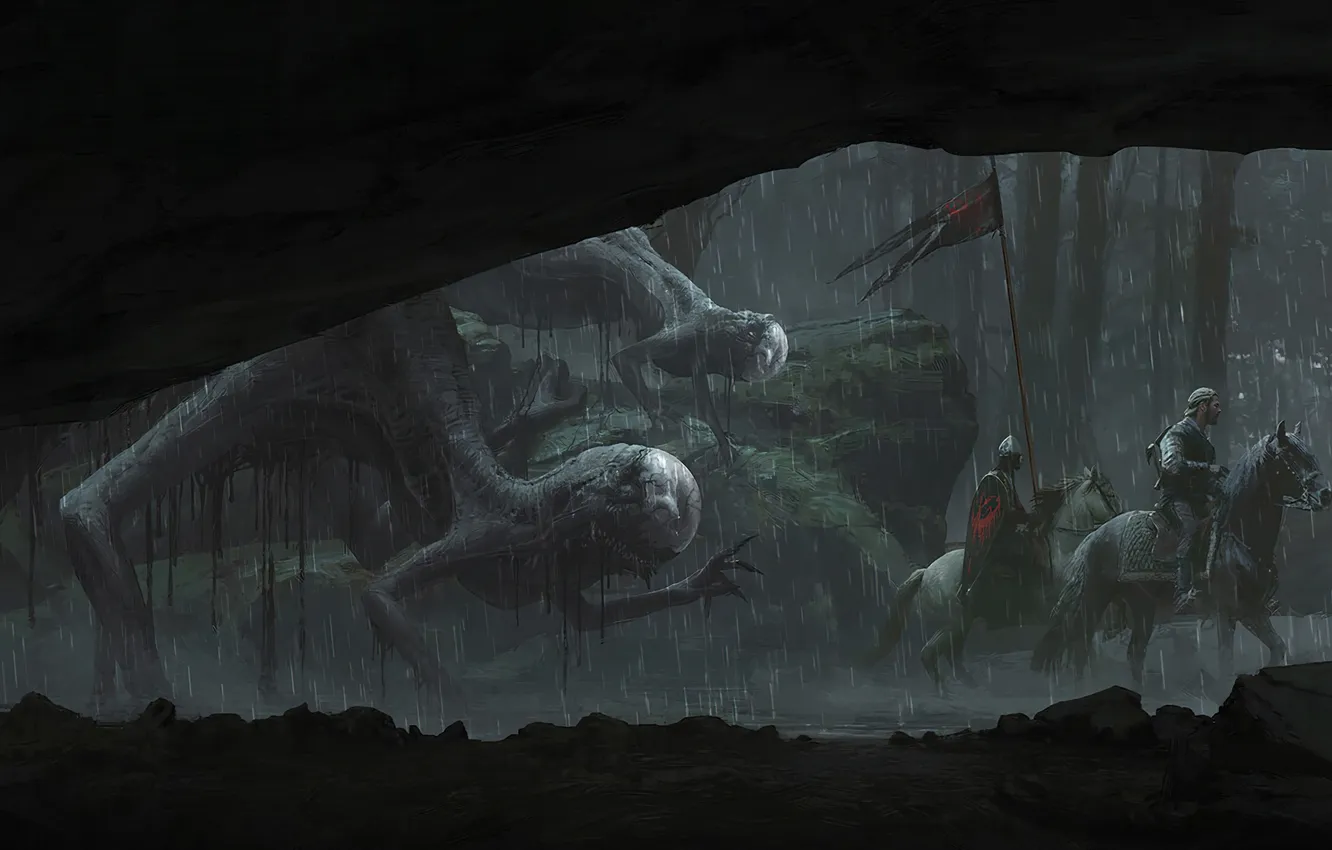 Photo wallpaper fantasy art, Wraiths, Monsters, forest, rain, Dimitrije Miljus, The knights