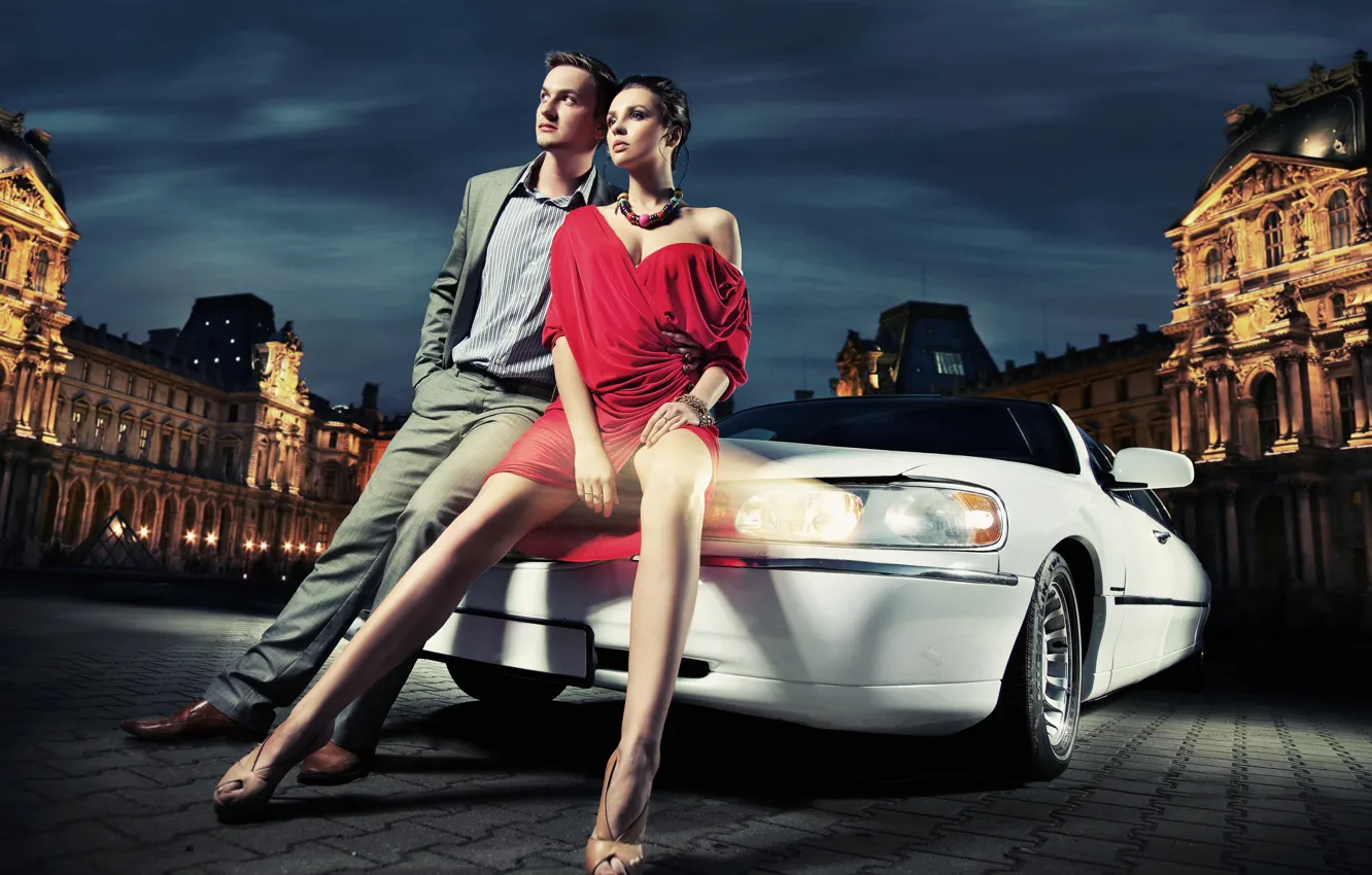 Photo wallpaper machine, girl, the city, lights, building, the evening, guy, leggy