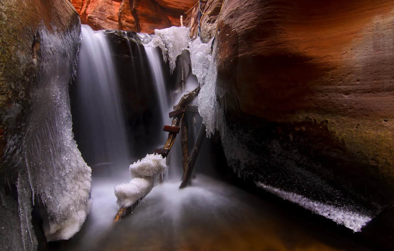 Photo wallpaper ice, icicles, ladder, cave, Utah, USА, Kanarraville