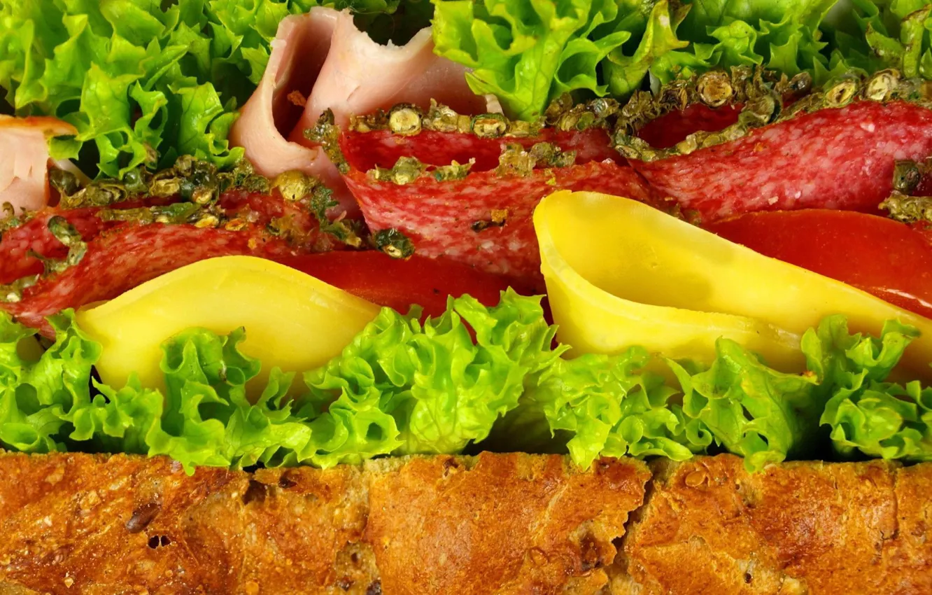 Photo wallpaper greens, cheese, bread, sausage, salami