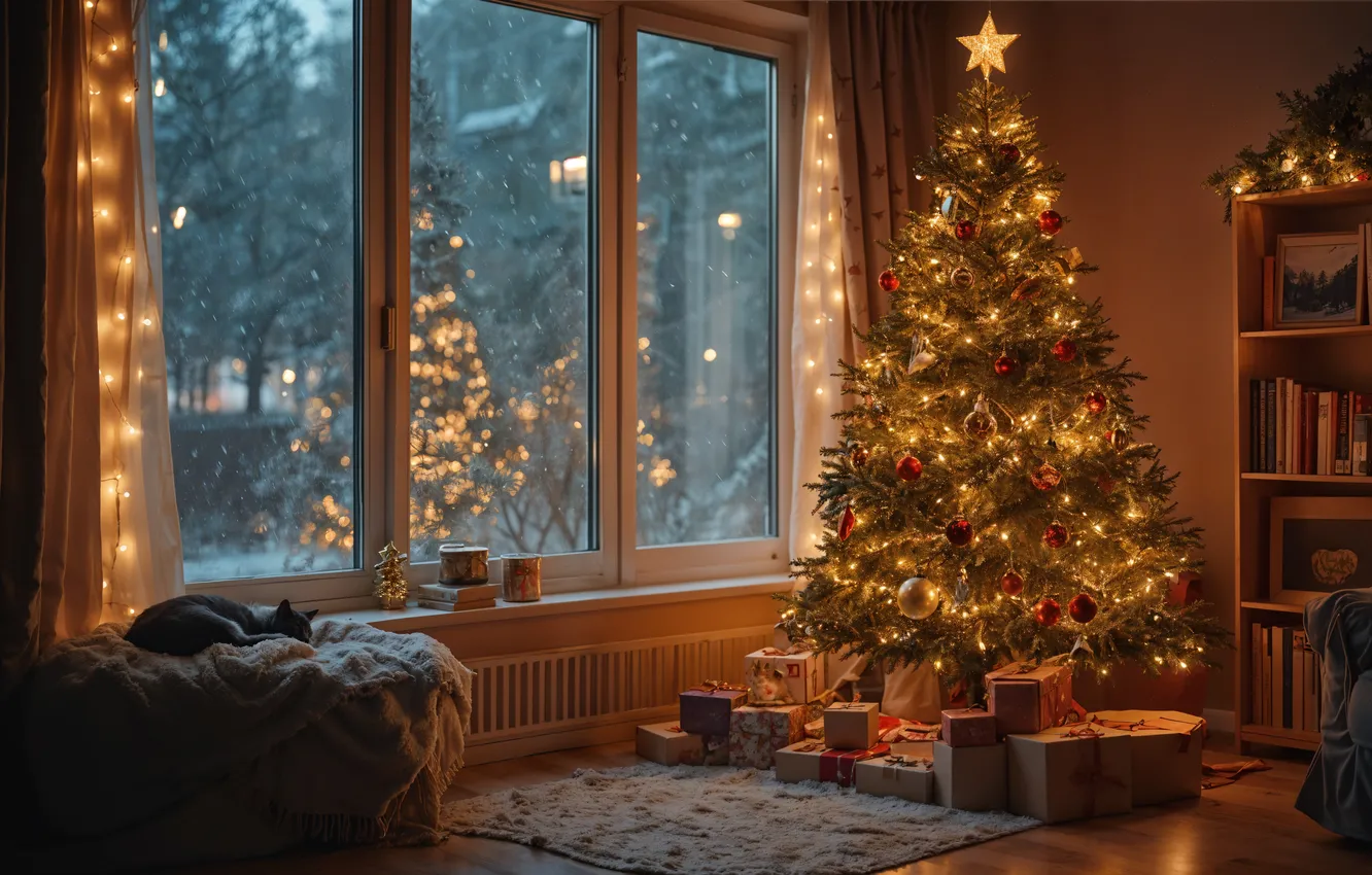 Photo wallpaper room, tree, new year, interior, Christmas, Christmas, view, tree