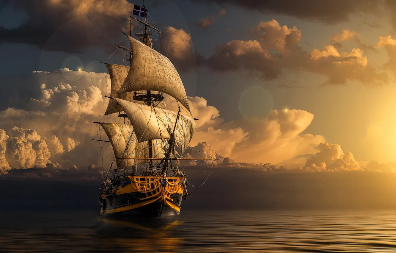 Photo wallpaper sea, clouds, ship, sailboat
