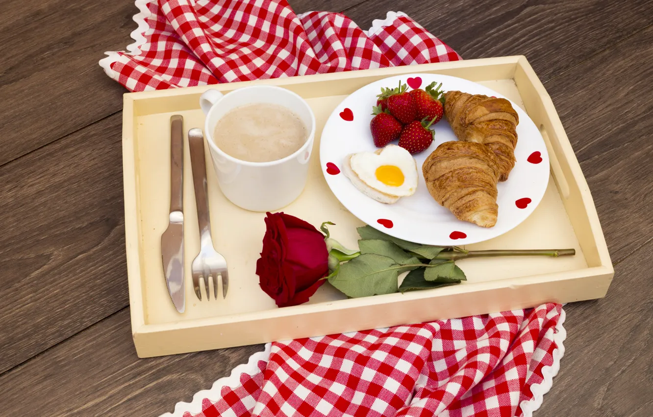 Photo wallpaper berries, rose, coffee, strawberry, romantic, croissants, Breakfast