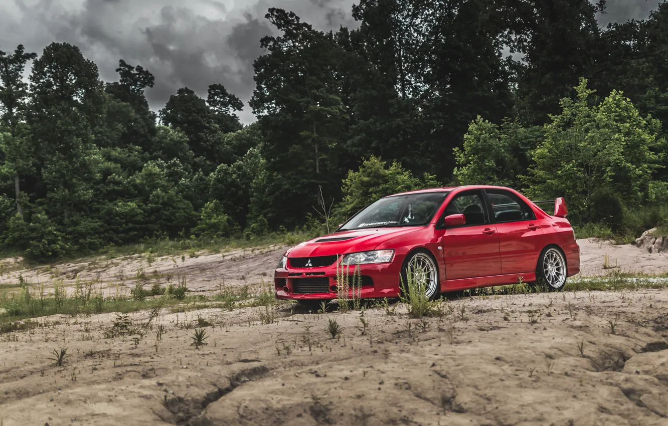 Photo wallpaper Red, Sky, Trees, Lancer Evolution IX