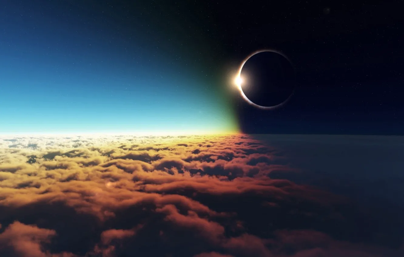 Photo wallpaper HORIZON, The SKY, The SUN, CLOUDS, The MOON, LIGHT, DAL, DARKNESS