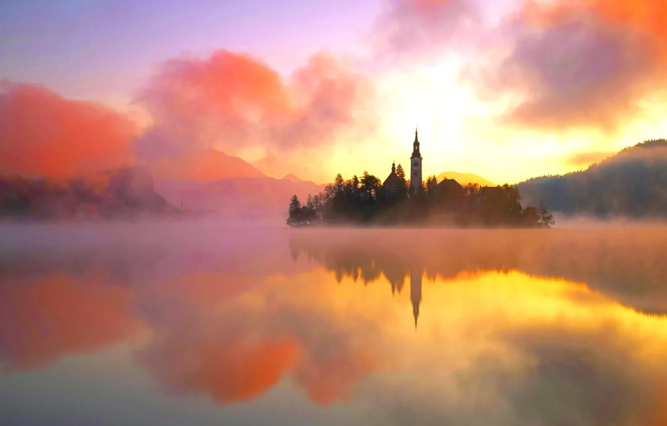 Photo wallpaper water, landscape, orange, nature, fog, lake, heat, island