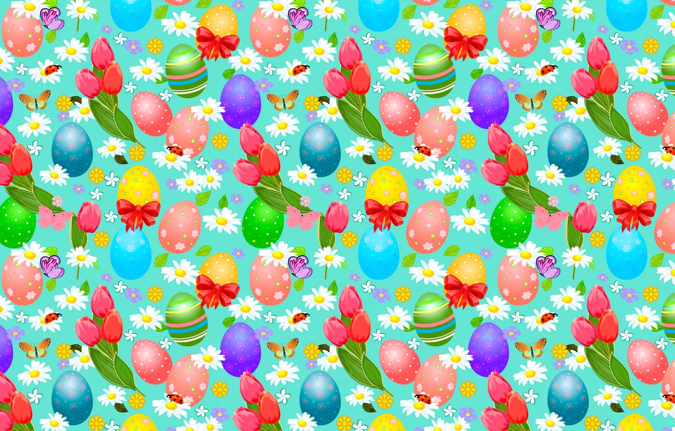 Photo wallpaper butterfly, flowers, chamomile, eggs, Easter, bugs, tulips, bows