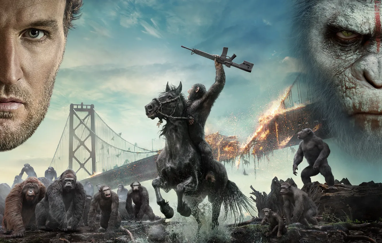 Photo wallpaper bridge, weapons, fiction, fire, horse, monkey, devastation, the leader