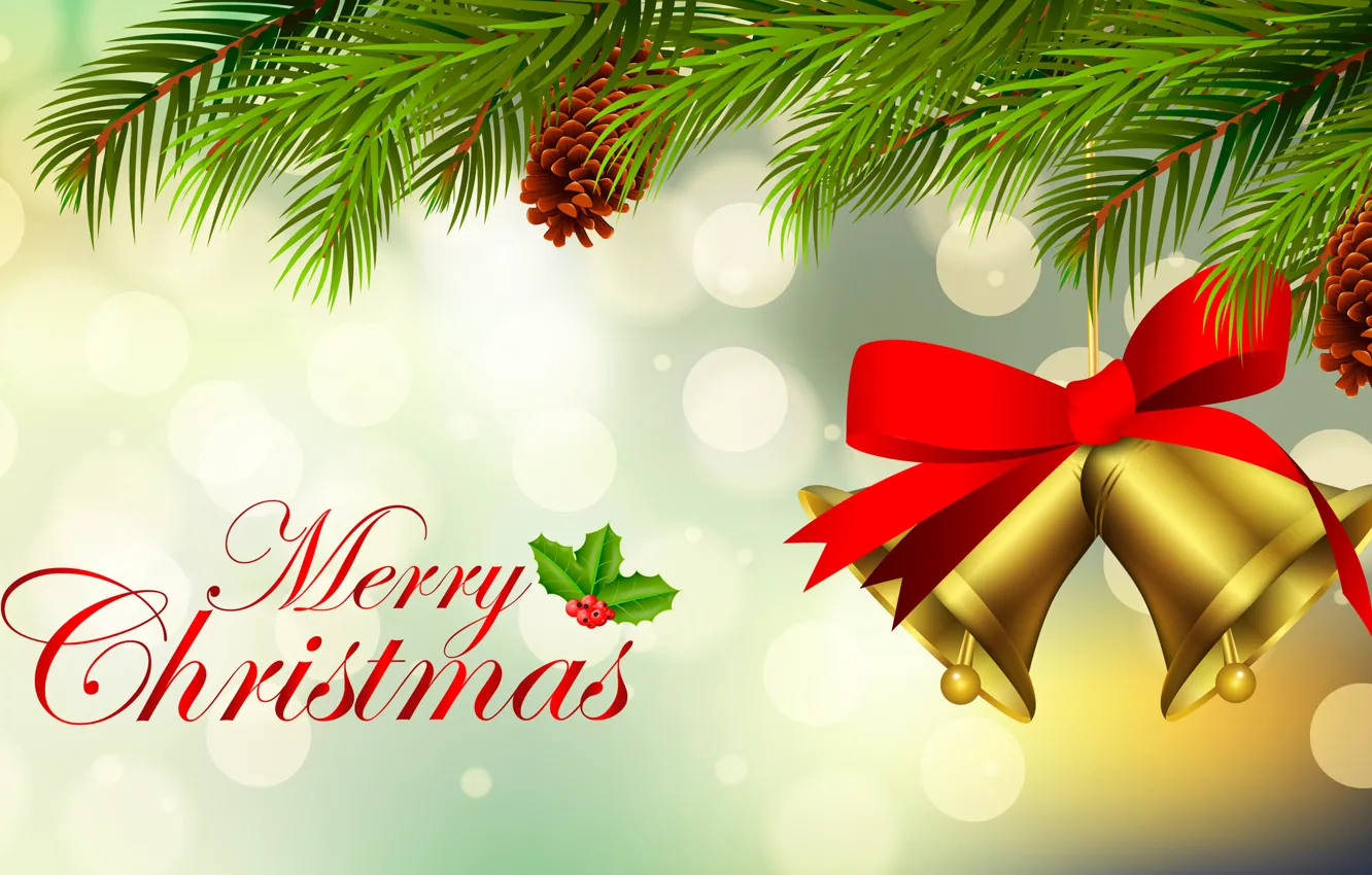 Photo wallpaper spruce, Christmas, bow, bells, bumps, congratulations