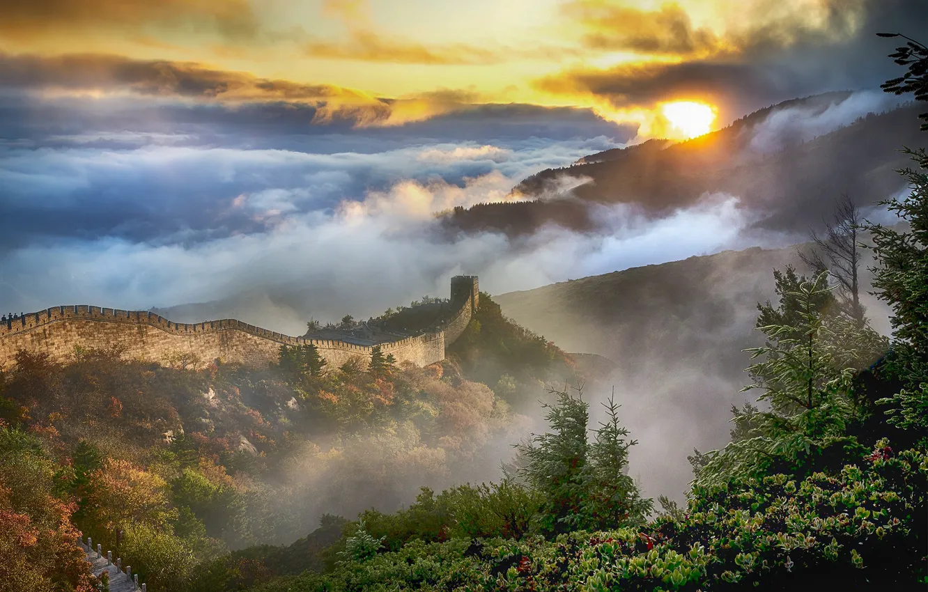 Photo wallpaper the sun, clouds, mountains, nature, fog, rendering, hills, The Great Wall Of China