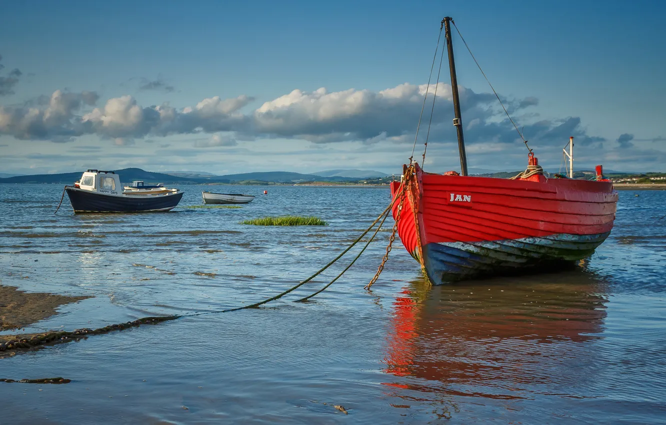 Photo wallpaper clouds, shore, boat, Bay, UK, Morecambe Bay