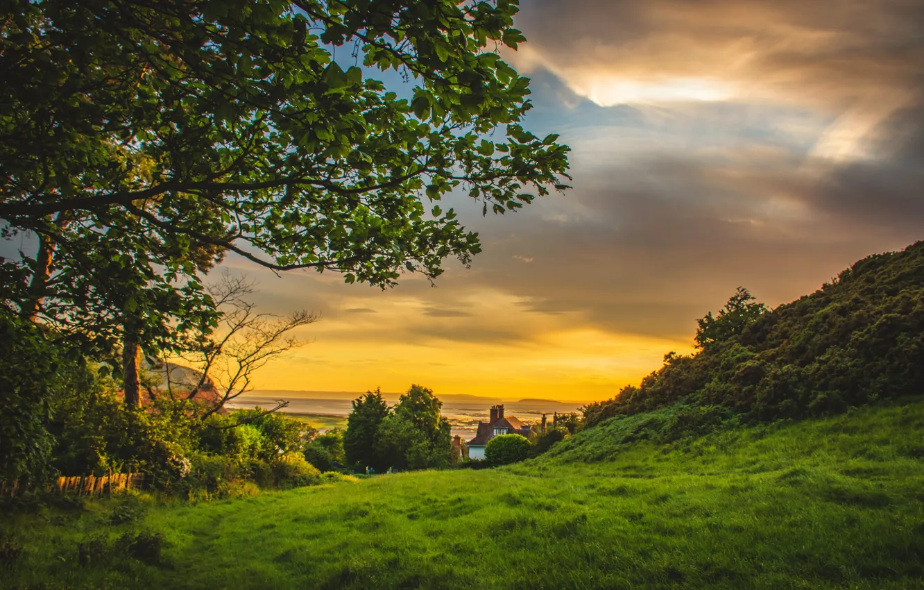 Photo wallpaper landscape, sunset, nature, the city, house, coast, UK, Deganwy