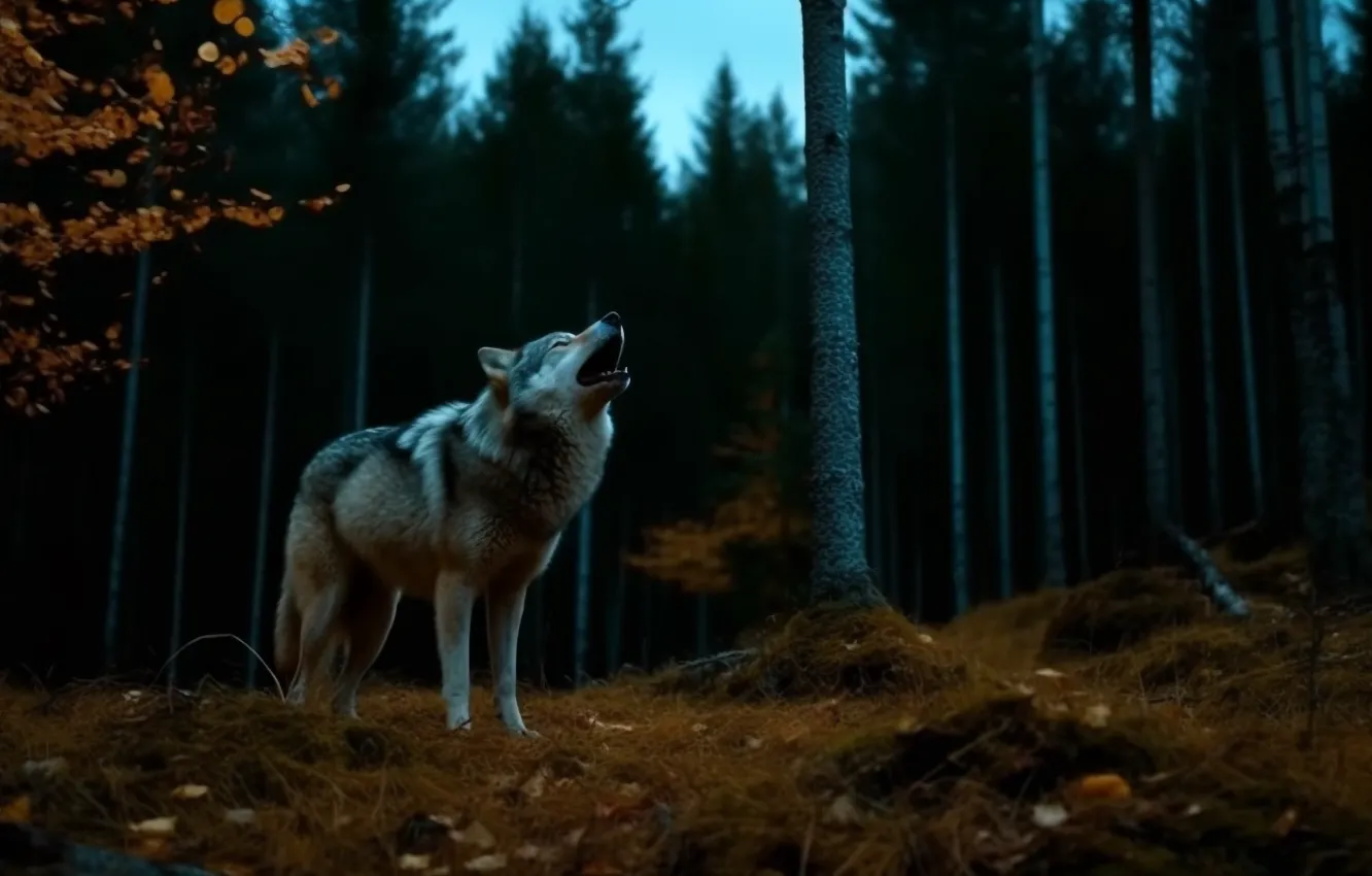 Photo wallpaper Trees, Forest, Wolf, Grey wolf, Digital art, AI art, Wilderness, The Art of Artificial Intelligence