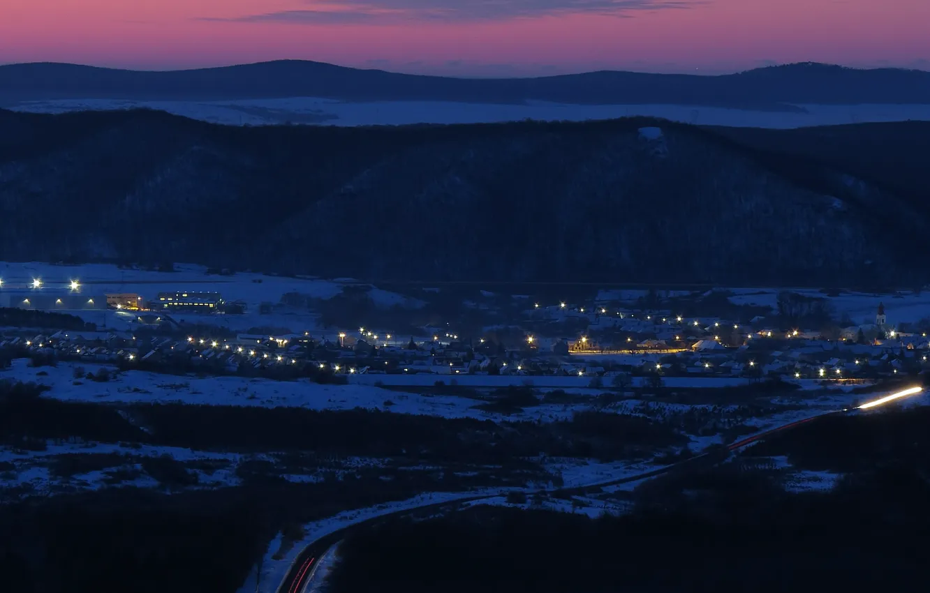 Photo wallpaper winter, road, the sky, sunrise, sky, winter, snow, sunrise