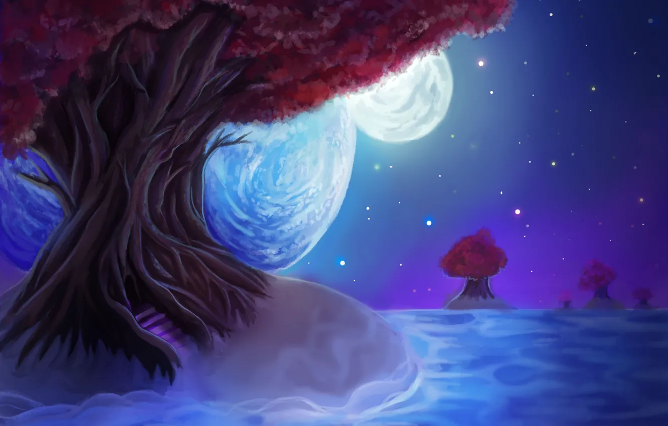 Photo wallpaper the sky, leaves, stars, landscape, night, tree, the moon, planet