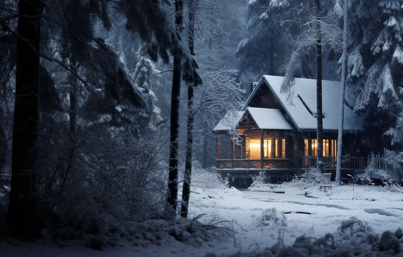 Photo wallpaper winter, forest, snow, night, frost, house, house, hut