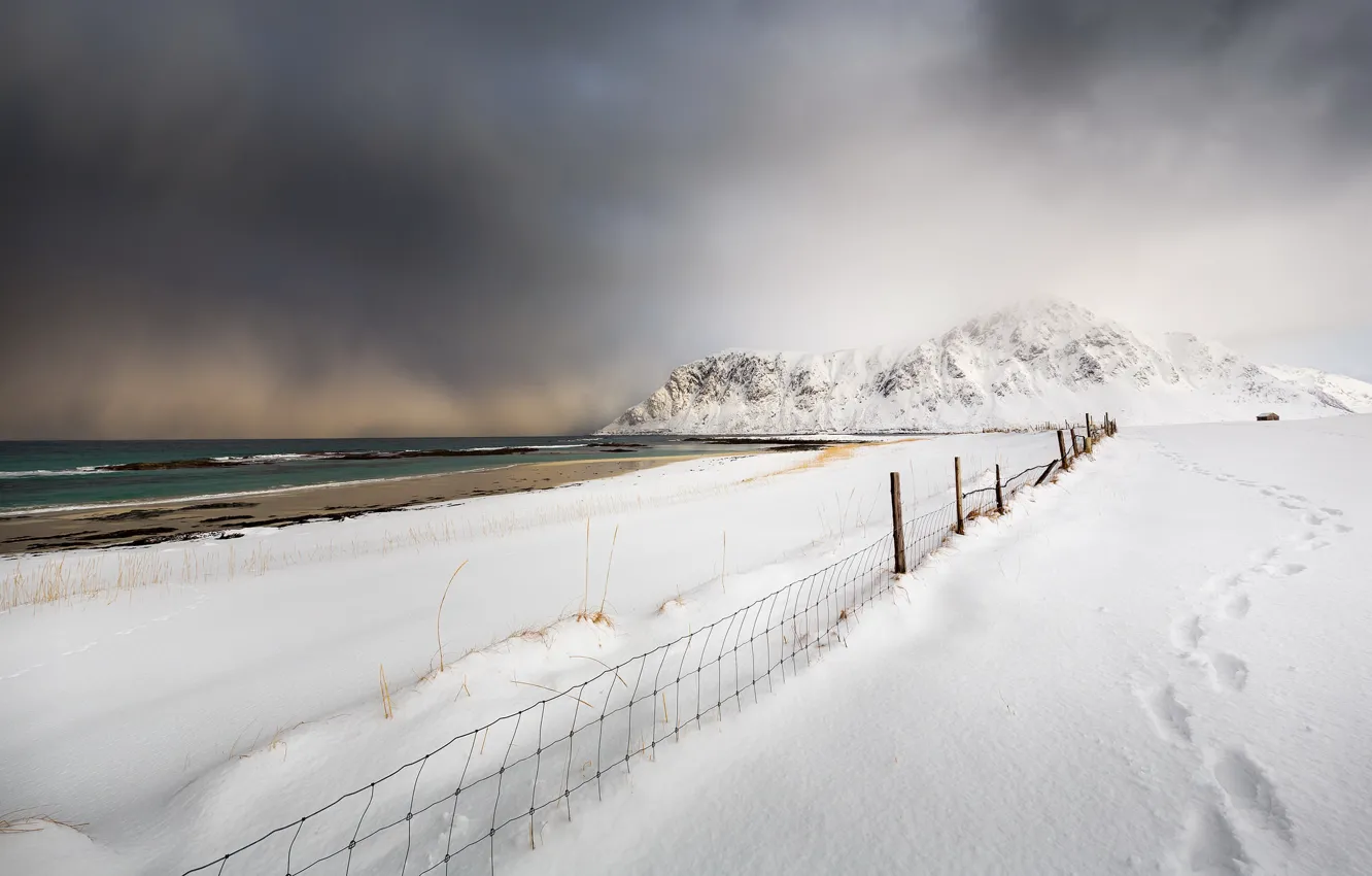 Photo wallpaper winter, sea, snow, shore, the fence
