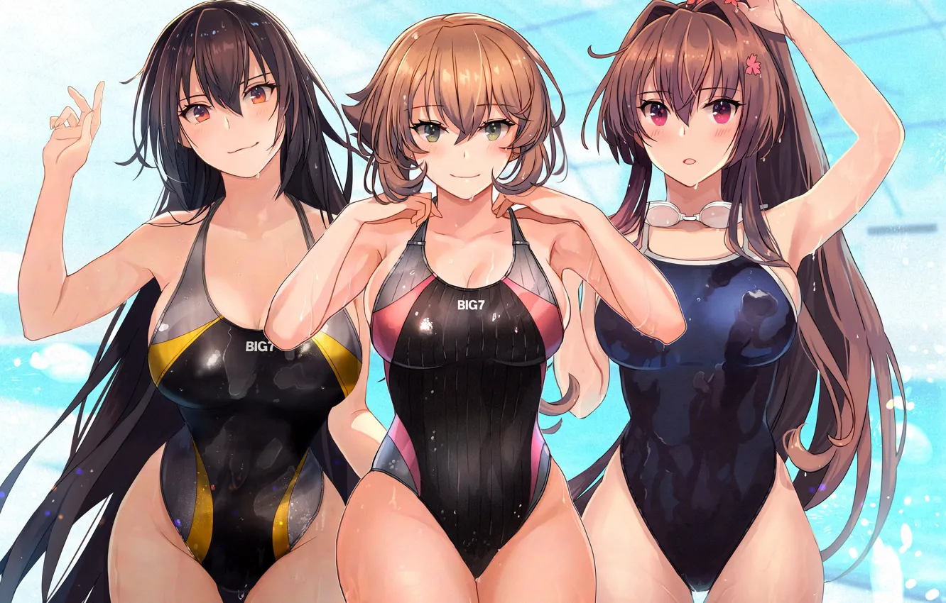 Photo wallpaper girl, sexy, wet, cleavage, long hair, brown hair, boobs, anime