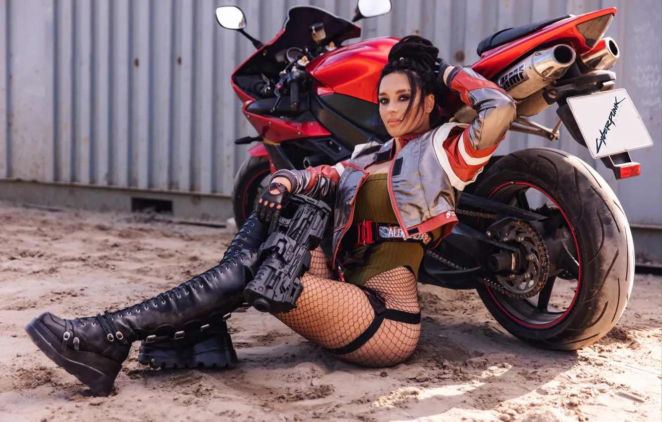 Photo wallpaper model, women, cosplay, brunette, Cyberpunk 2077, fishnet pantyhose, Panam Palmer, Anna Shakhovskaya