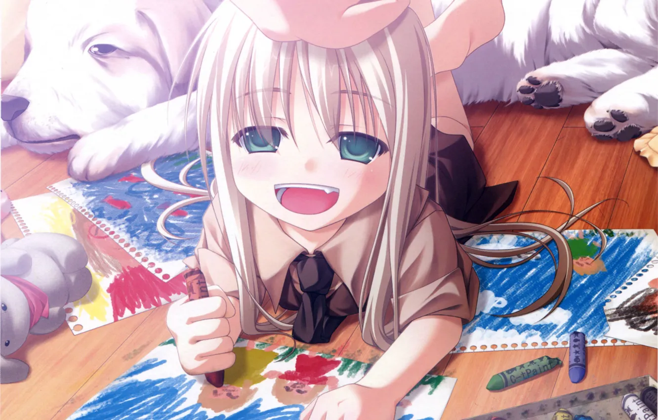 Photo wallpaper joy, figure, dog, girl, white hair, artist, crayons, lying on the floor