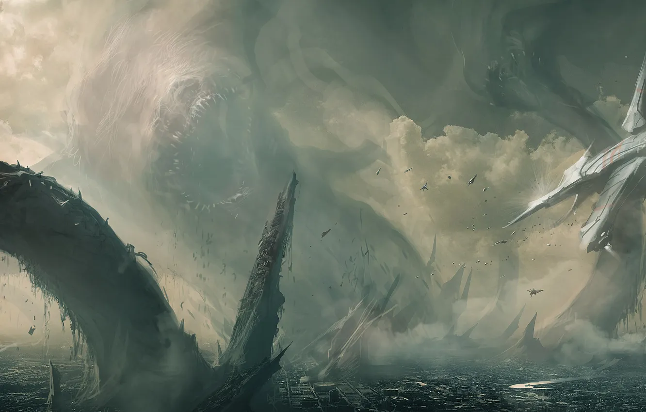 Photo wallpaper the city, rocks, ship, monster, art, destruction, arch