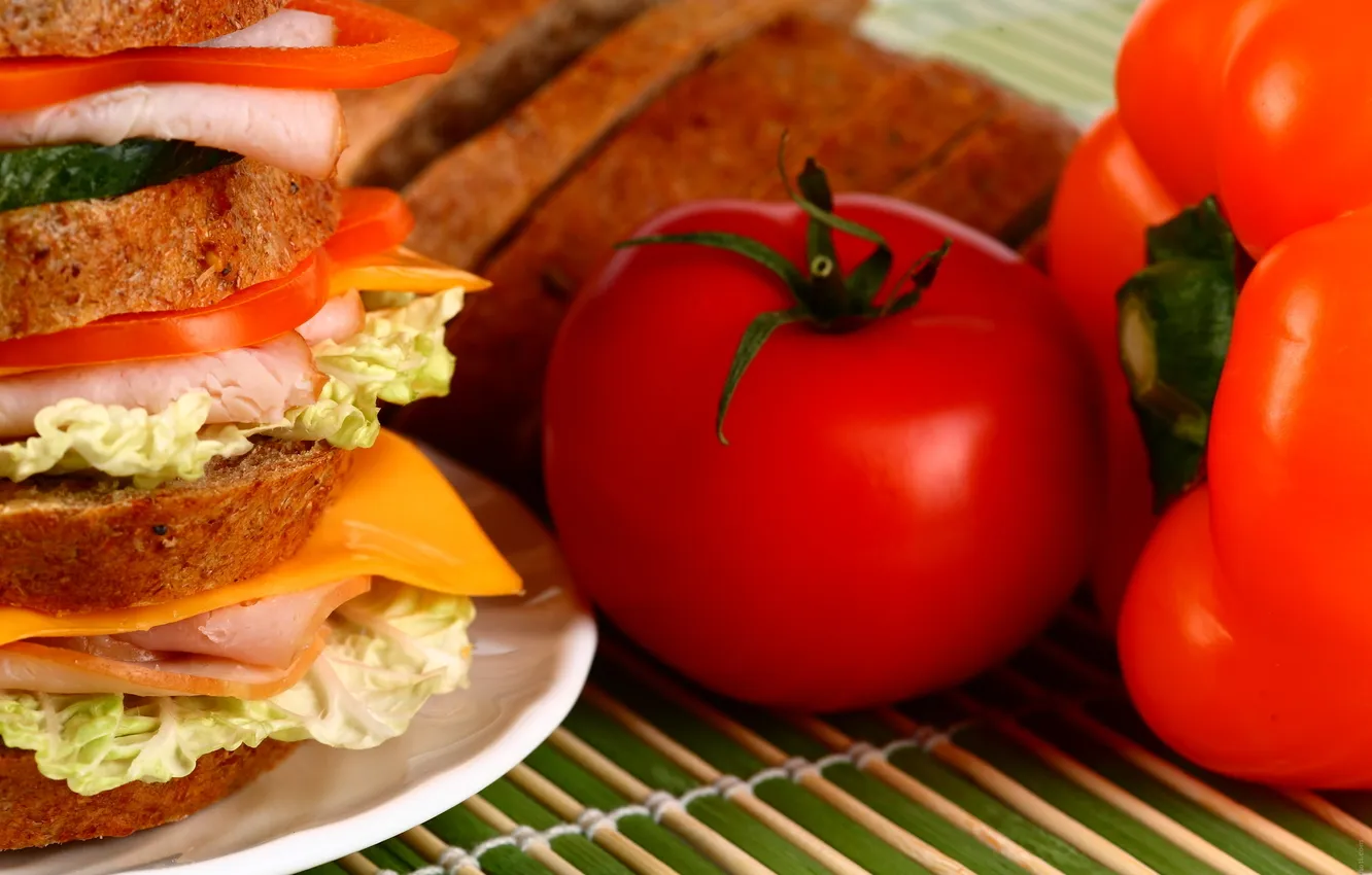 Photo wallpaper bread, pepper, tomatoes, salad, sandwiches, ham