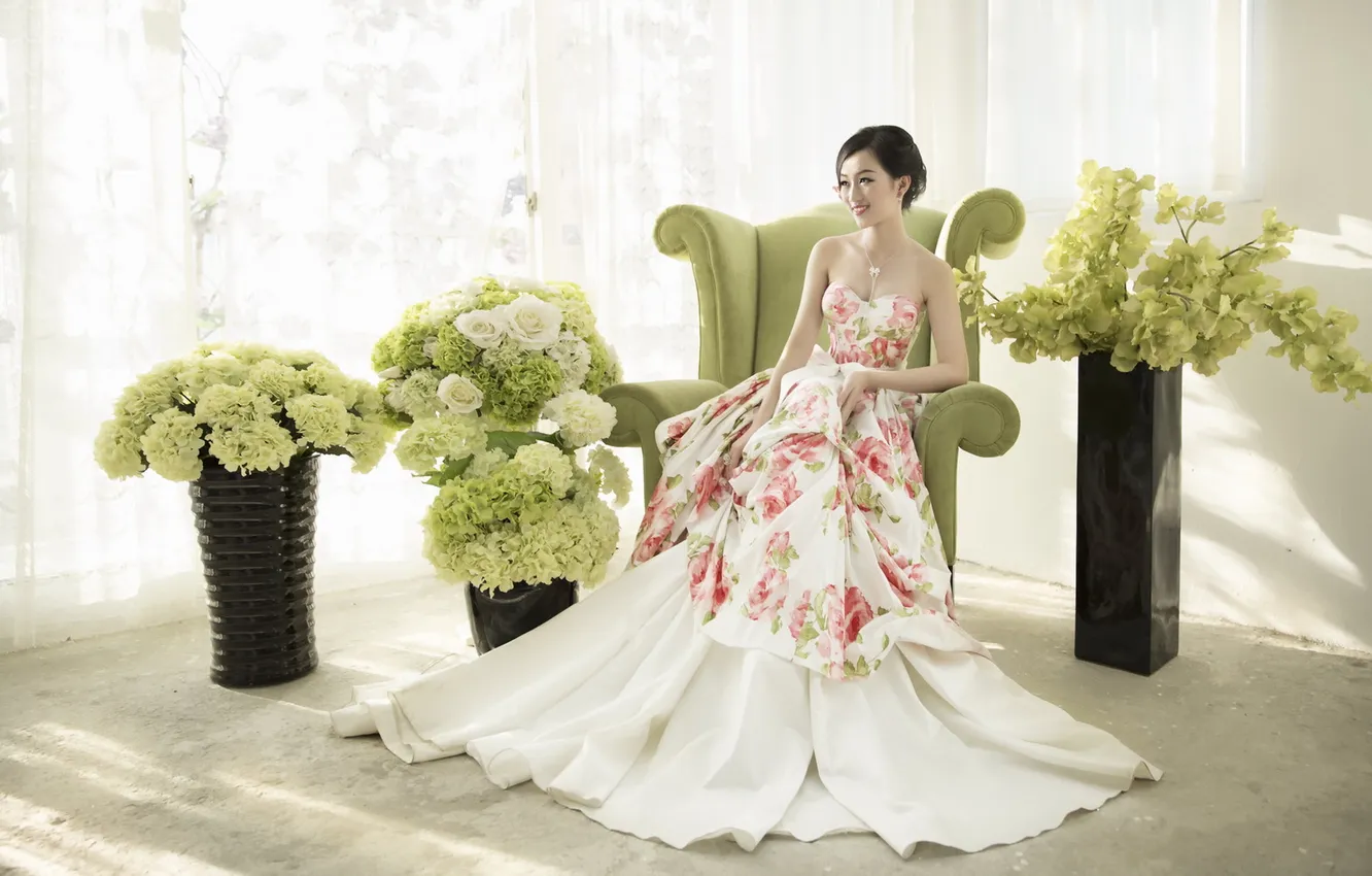 Photo wallpaper girl, flowers, Asian