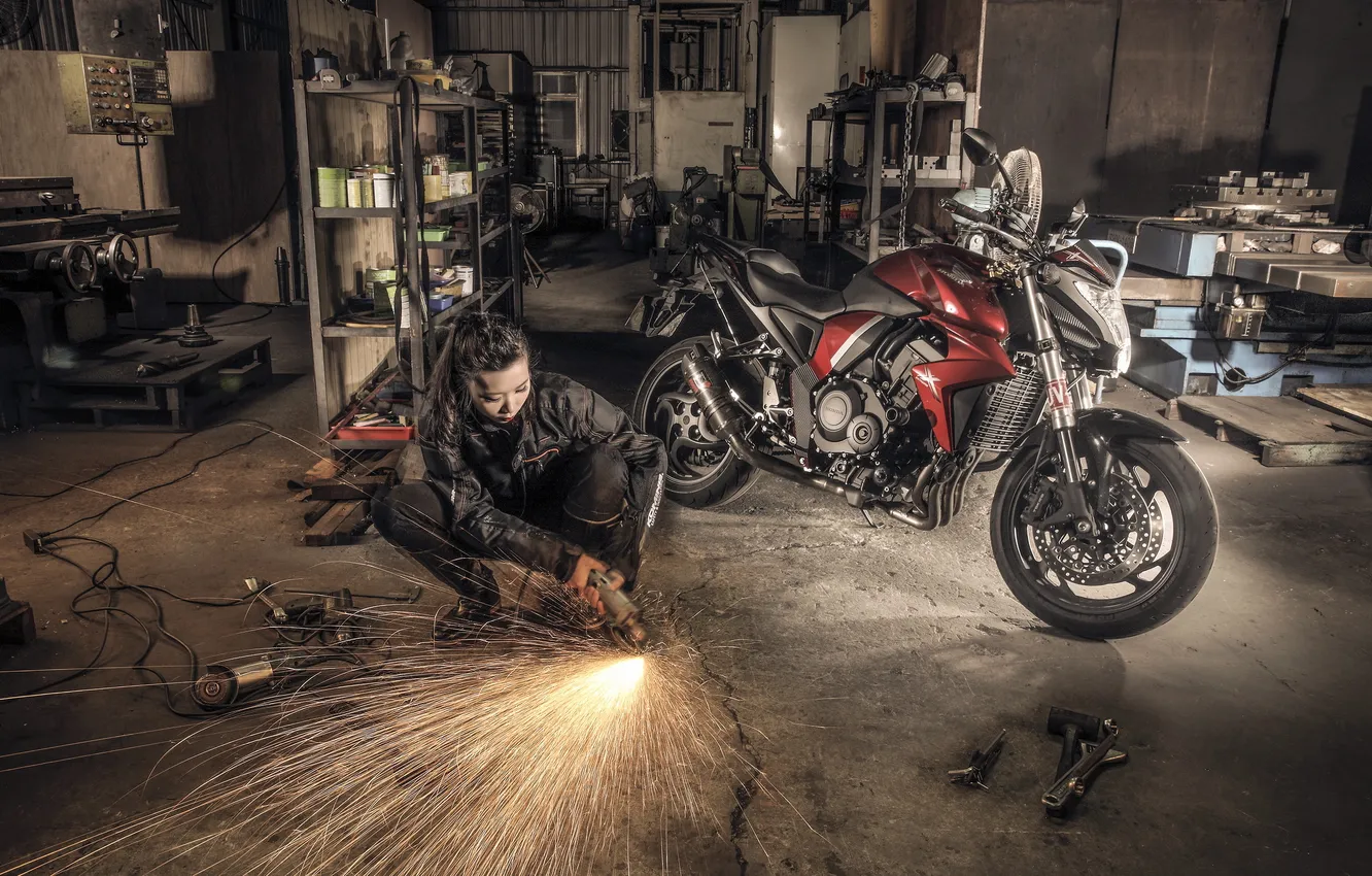 Photo wallpaper girl, garage, motorcycle