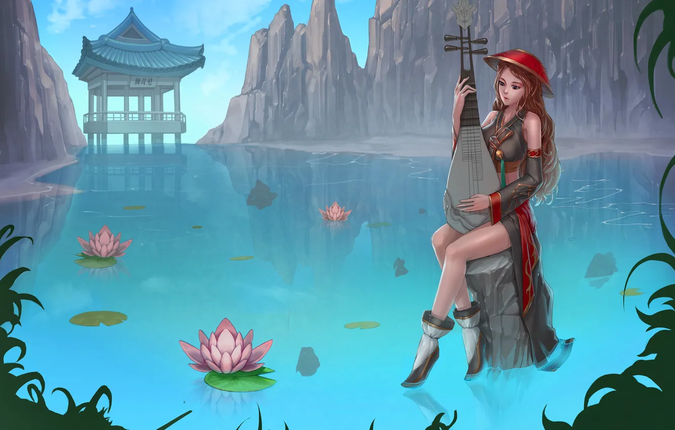 Photo wallpaper water, girl, mountains, lake, rocks, art, Lotus, Biwa