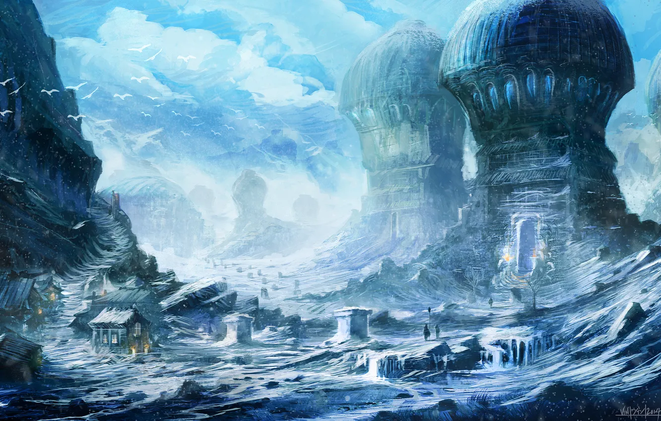 Photo wallpaper winter, the sky, snow, fiction, art, temple, house