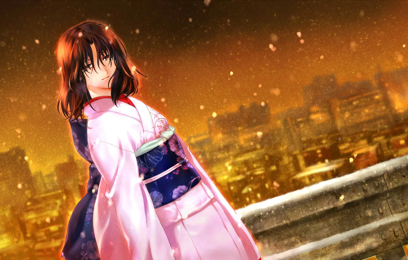Photo wallpaper girl, snow, the city, kimono, Kara no Kyoukai, the garden of sinners, Ryougi Shiki