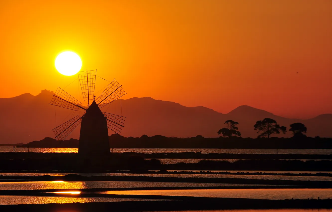 Photo wallpaper the sky, the sun, sunset, windmill