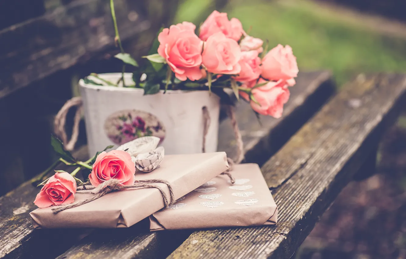 Photo wallpaper flowers, bench, roses