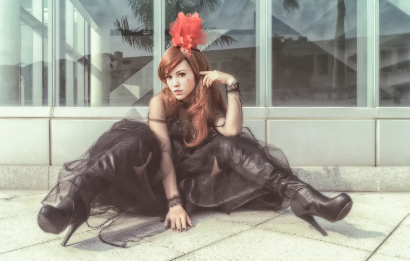 Photo wallpaper girl, face, hair, boots, dress, fabric, Asian, bow