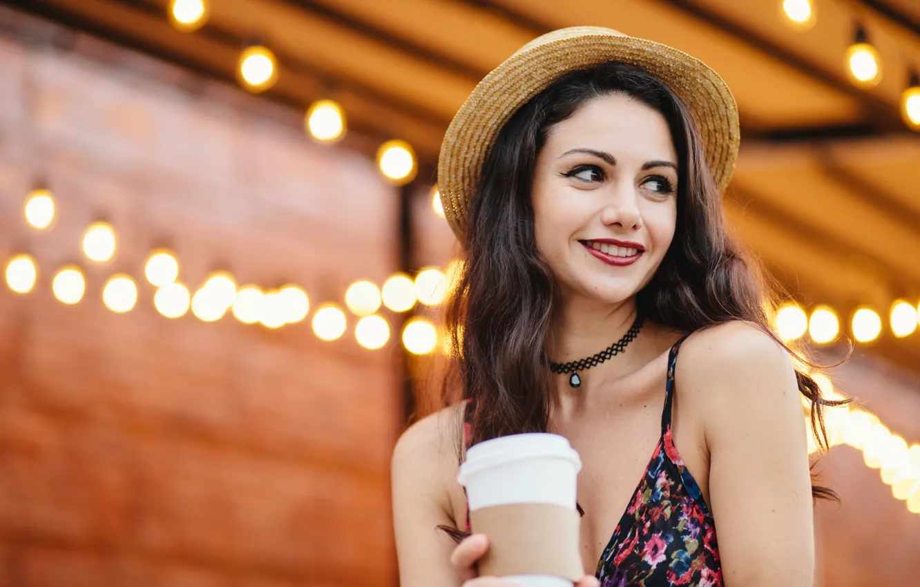 Photo wallpaper girl, smile, woman, portrait, hat, makeup, brunette