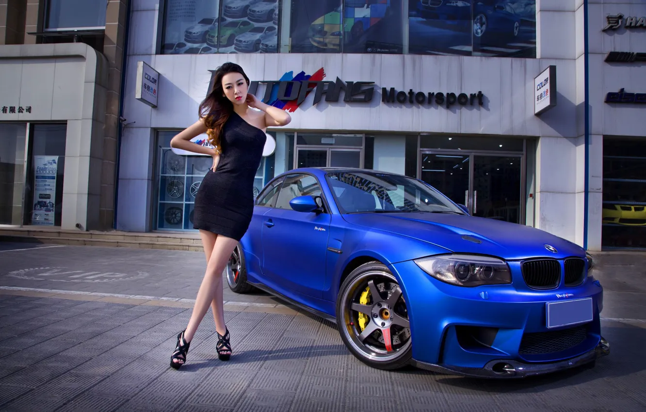 Photo wallpaper look, girl, BMW, dress, Asian, beautiful girl, blue auto
