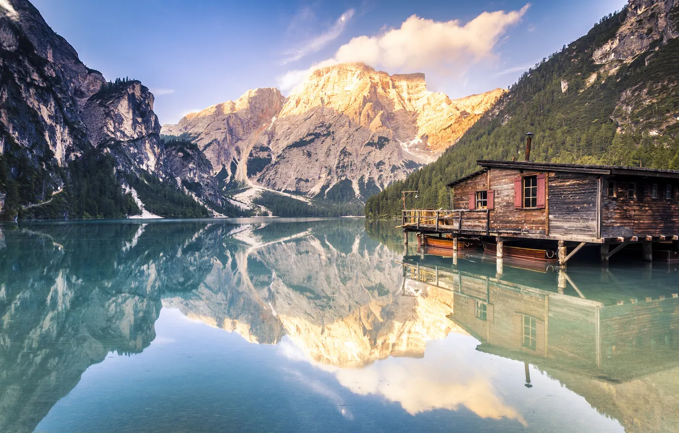 Photo wallpaper forest, mountains, lake, reflection, shore, Alps, house, fishing Lodge