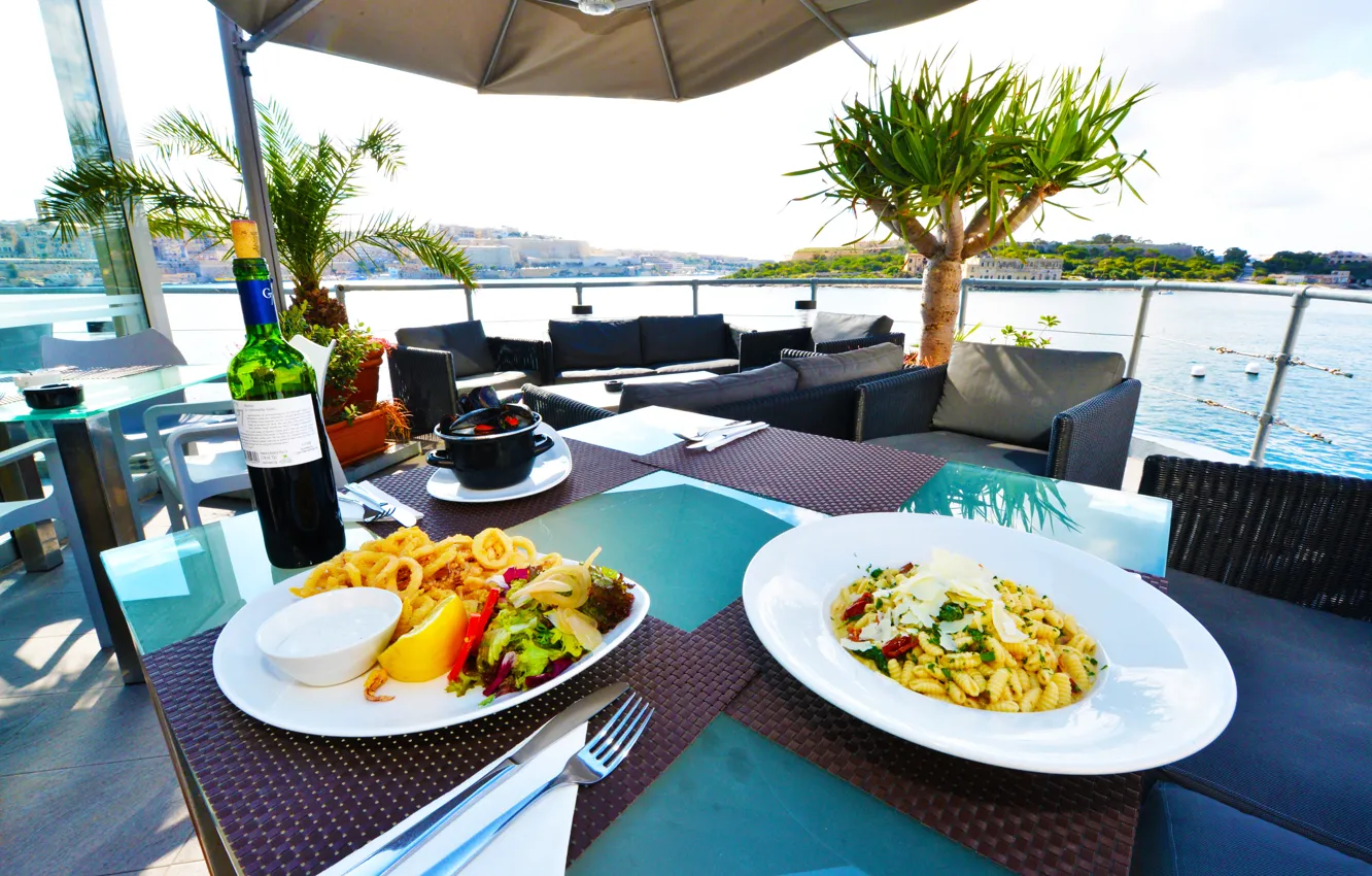 Photo wallpaper wine, food, the hotel, terrace, pasta, Malta, Sliema