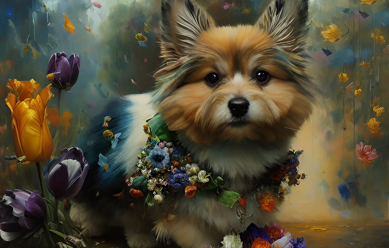 Photo wallpaper summer, look, flowers, nature, portrait, dog, garden, art