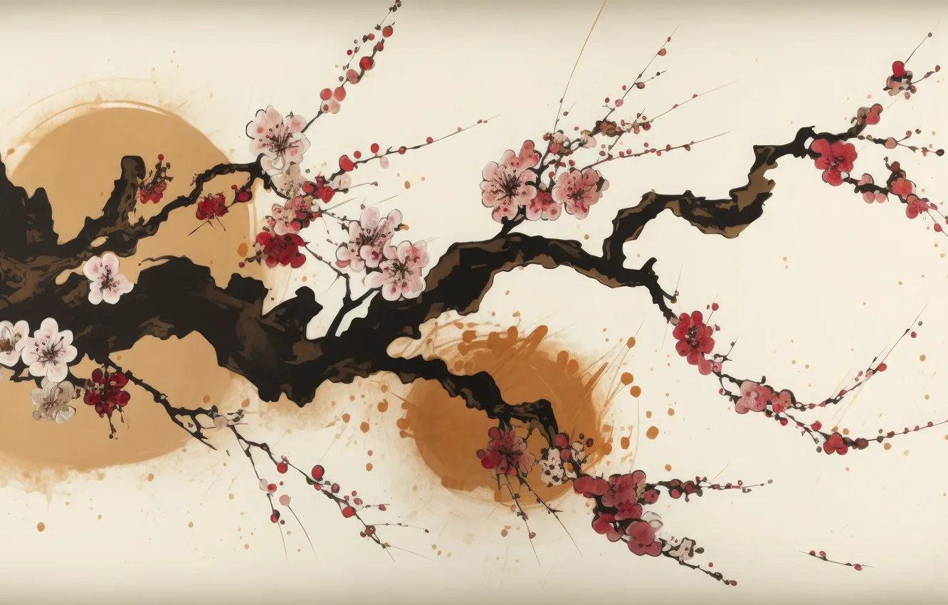 Photo wallpaper flowers, branches, nature, spring, Sakura, blots, pink, painting