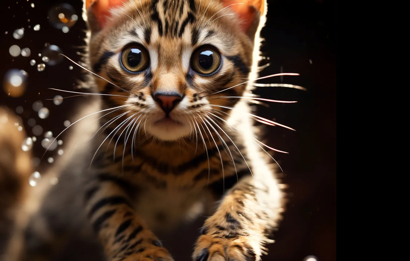 Photo wallpaper cat, cat, the dark background, jump, kitty, digital art, AI art, The Art of Artificial …