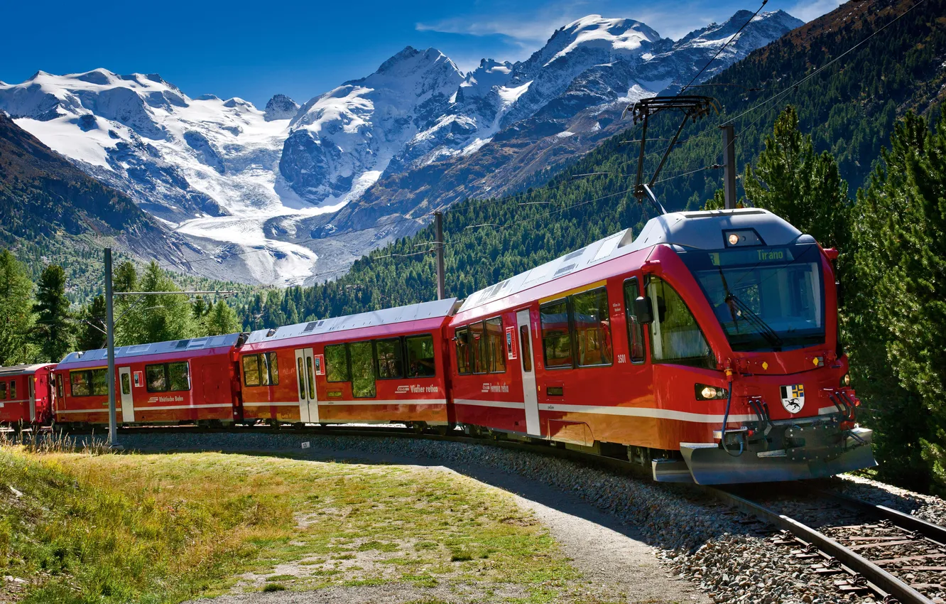 Photo wallpaper forest, the sky, clouds, landscape, mountains, train, Switzerland, railroad