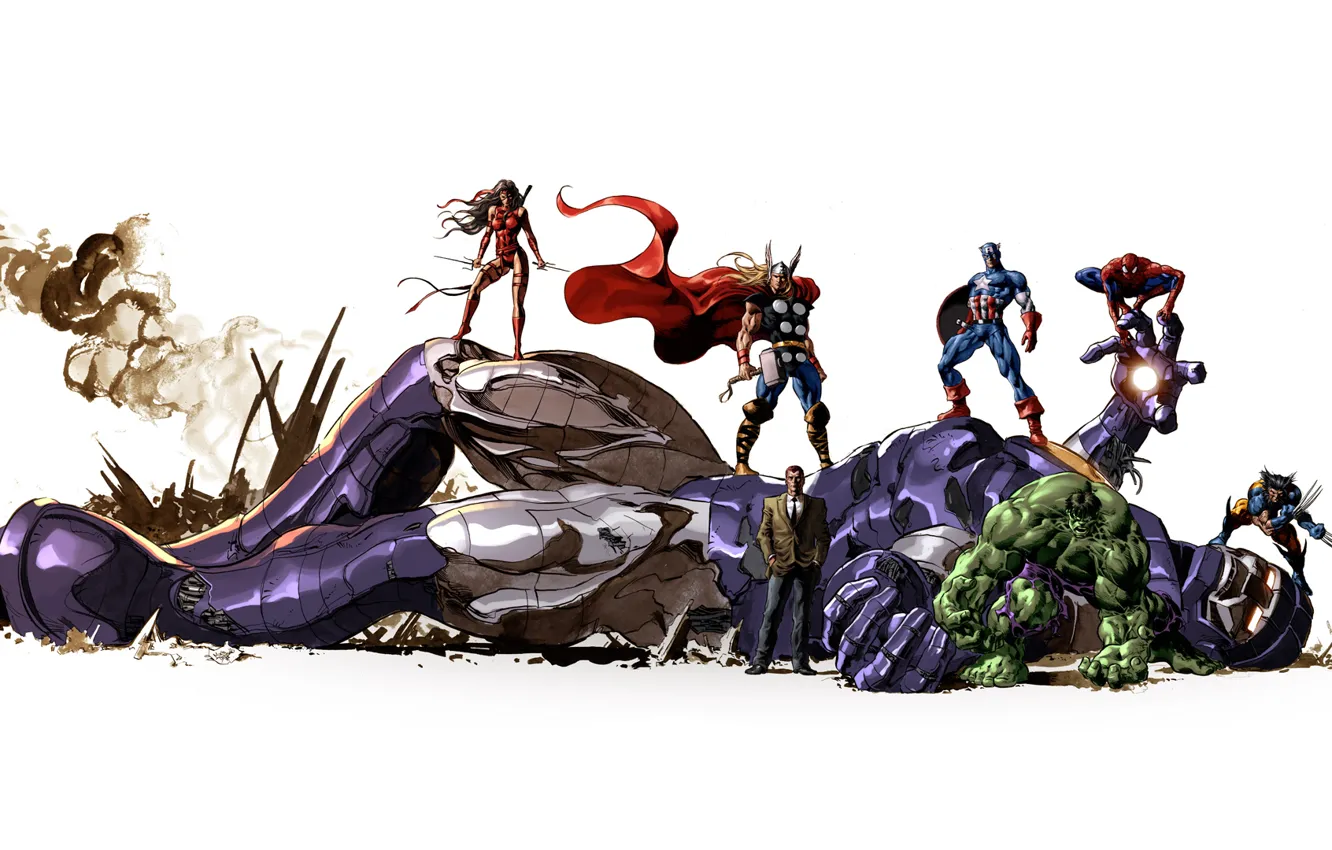 Photo wallpaper robot, characters, wolverine, Hulk, marvel, comic, Thor, super heroes
