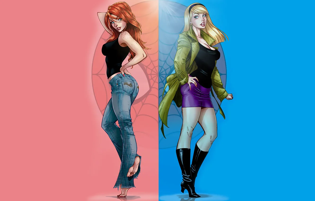 Photo wallpaper girl, skirt, jeans, boots, art, blonde, freckles, red